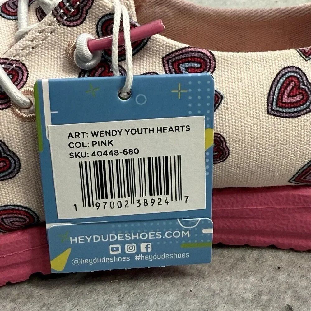 Hey Dude Shoes Youth 4 Wendy White Pink Slip On Heart Print Comfort Shoes New